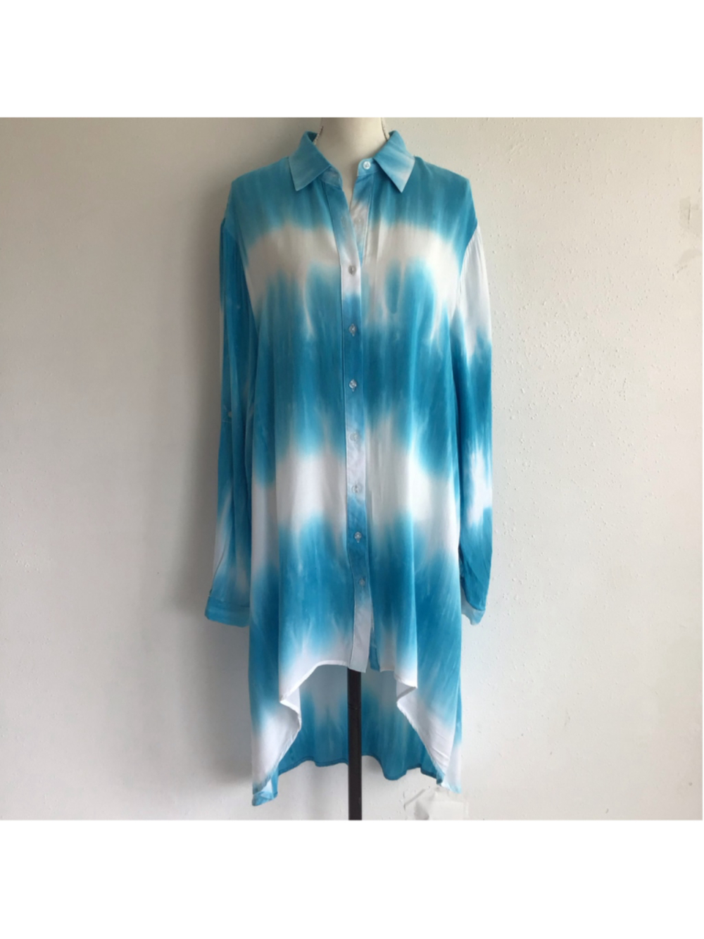 L&B Women's Beach Tie-Dye Button Down Shirt Dress, Size XL, Blue and White